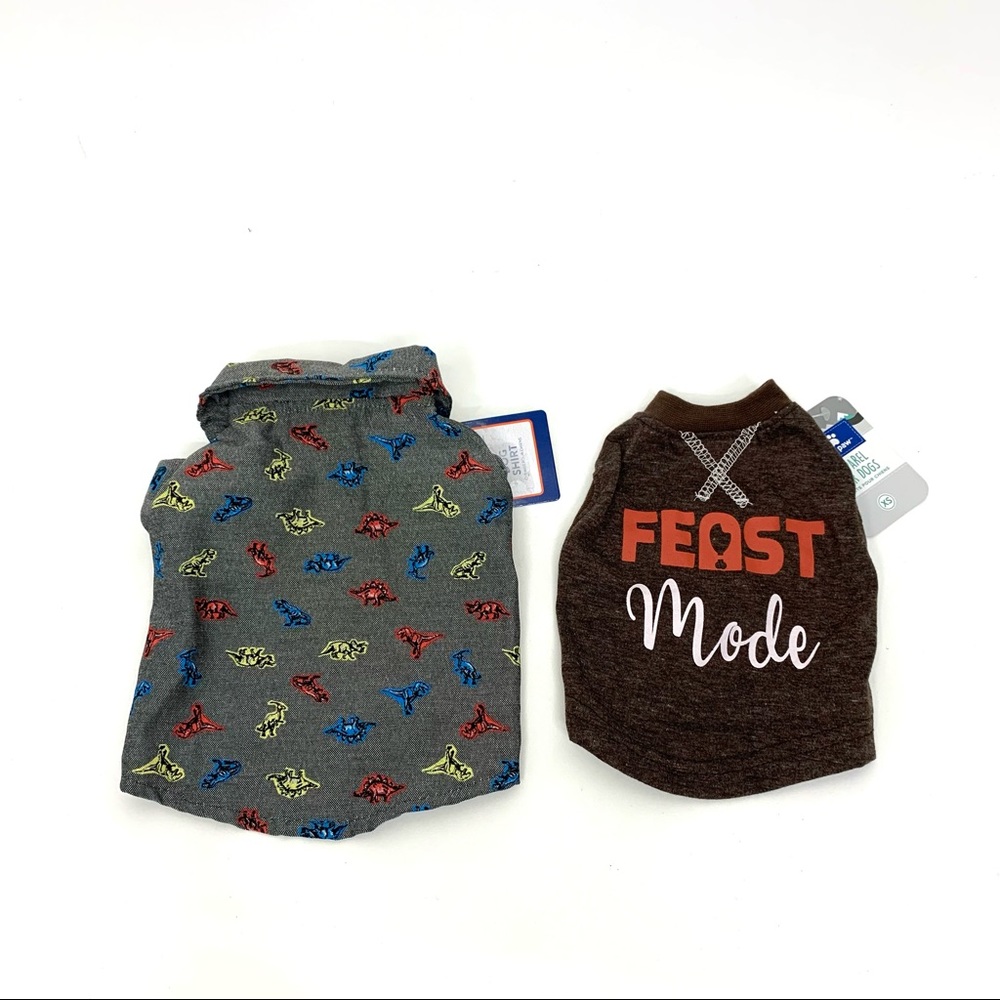 Top Paw Dog Apparel Set Two Shirts Feast Mode And Dinosaur Print New Size XS